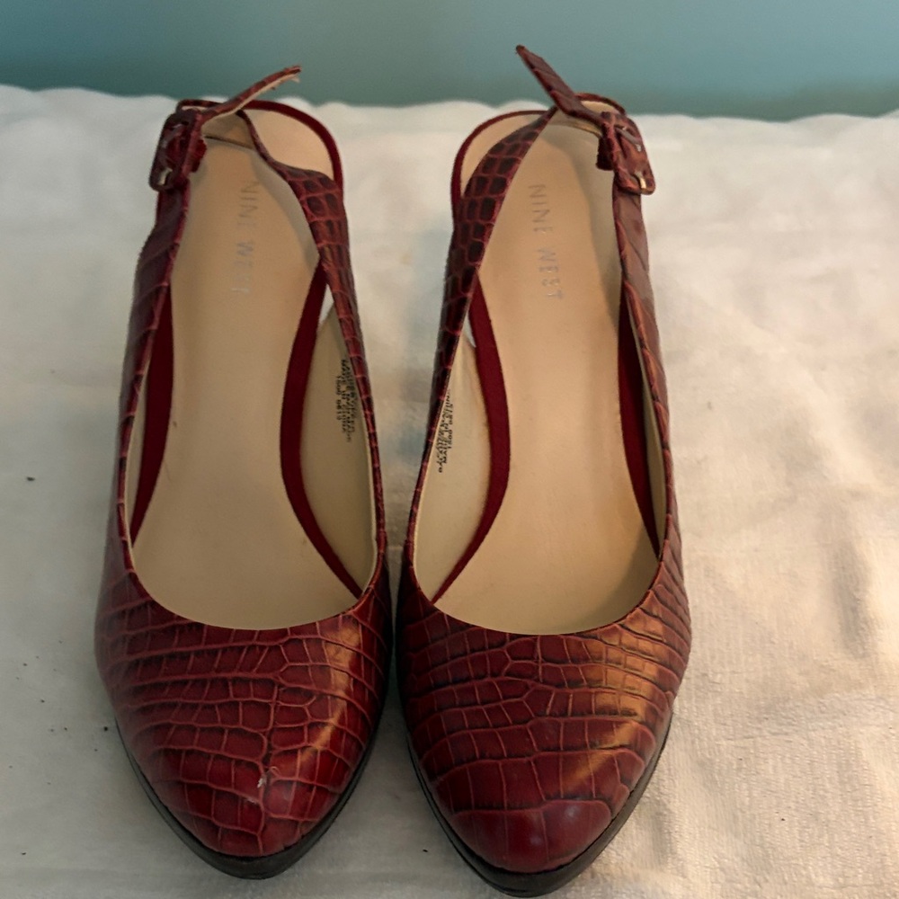 Nine West Burgundy Croc-Embossed Slingback Heels